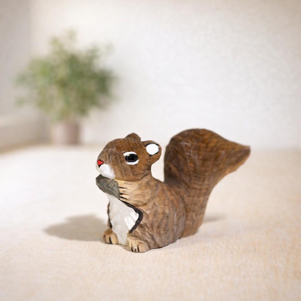 Hand Carved Wooden Squirrel Figurine, Cute Woodland Animal Decor, Mini Handmade Desk Ornament, Wood Sculpture Gift