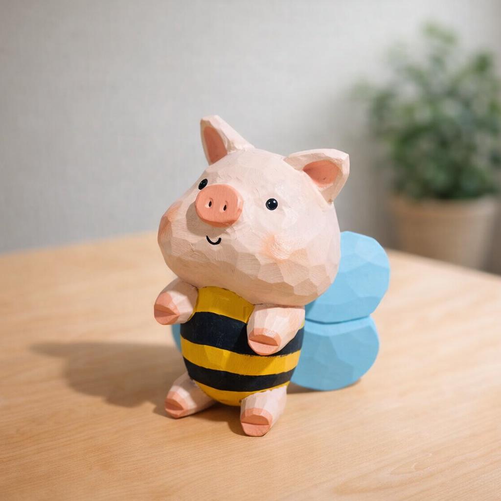 Hand Carved Bee Pig Wooden Figurine, Cute Flying Pig Desk Decor, Handmade Animal Sculpture, Wood Ornament, Gift for Animal Lover