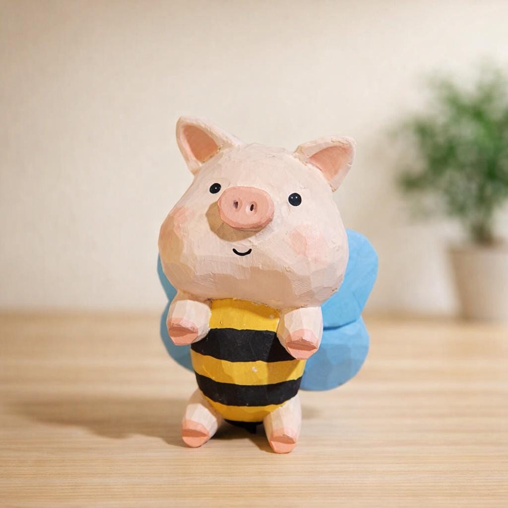 Hand Carved Bee Pig Wooden Figurine, Cute Flying Pig Desk Decor, Handmade Animal Sculpture, Wood Ornament, Gift for Animal Lover