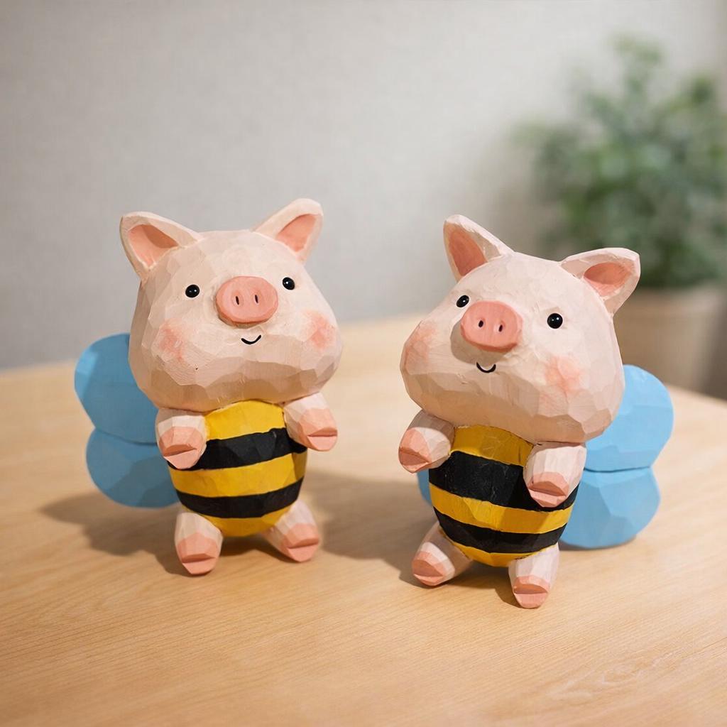 Hand Carved Bee Pig Wooden Figurine, Cute Flying Pig Desk Decor, Handmade Animal Sculpture, Wood Ornament, Gift for Animal Lover