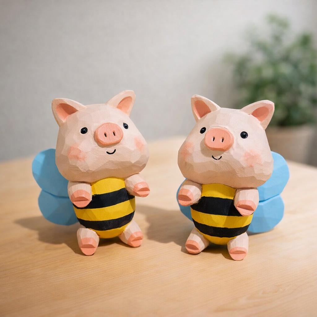 Hand Carved Bee Pig Wooden Figurine, Cute Flying Pig Desk Decor, Handmade Animal Sculpture, Wood Ornament, Gift for Animal Lover