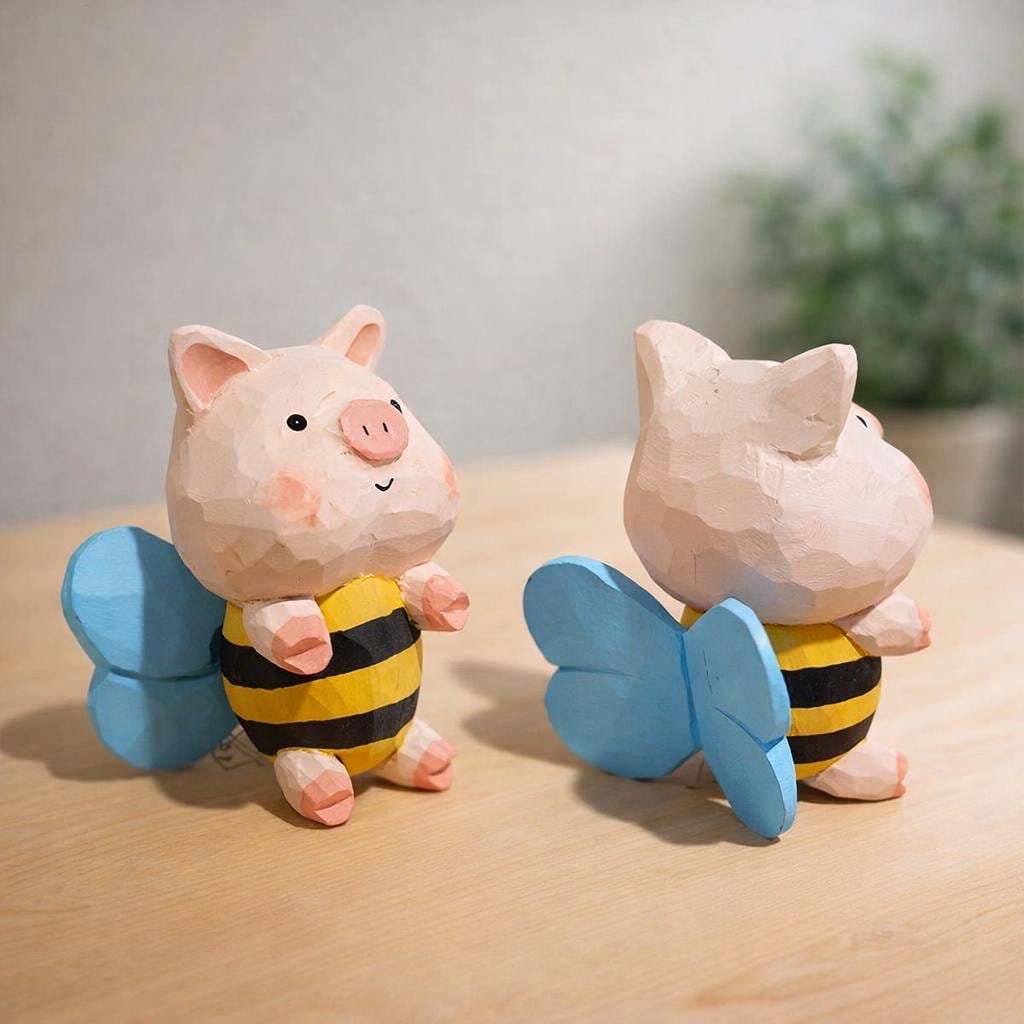 Hand Carved Bee Pig Wooden Figurine, Cute Flying Pig Desk Decor, Handmade Animal Sculpture, Wood Ornament, Gift for Animal Lover