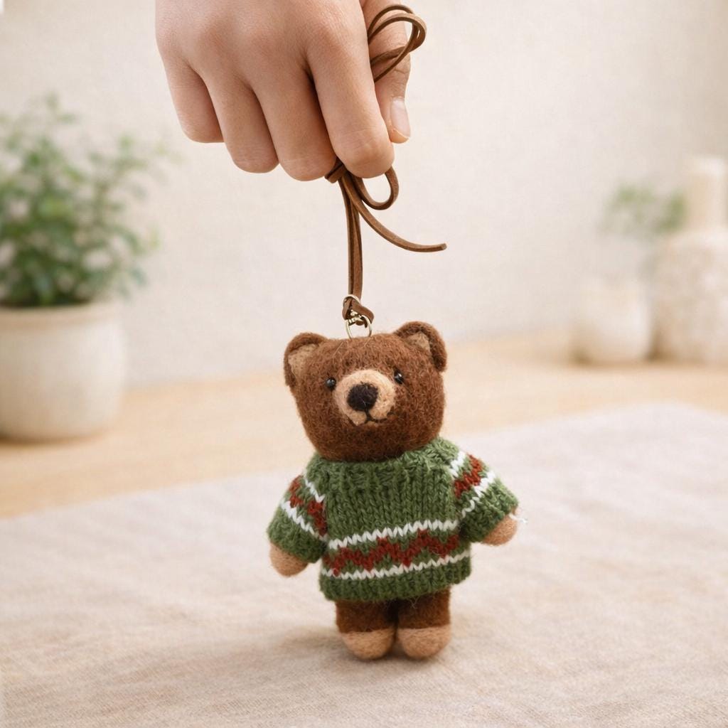 Handmade Felt Bear Keychain, Cute Wool Teddy Bag Charm, Needle Felt Animal Pendant, Car Hanging Ornament, Unique Handmade Gift