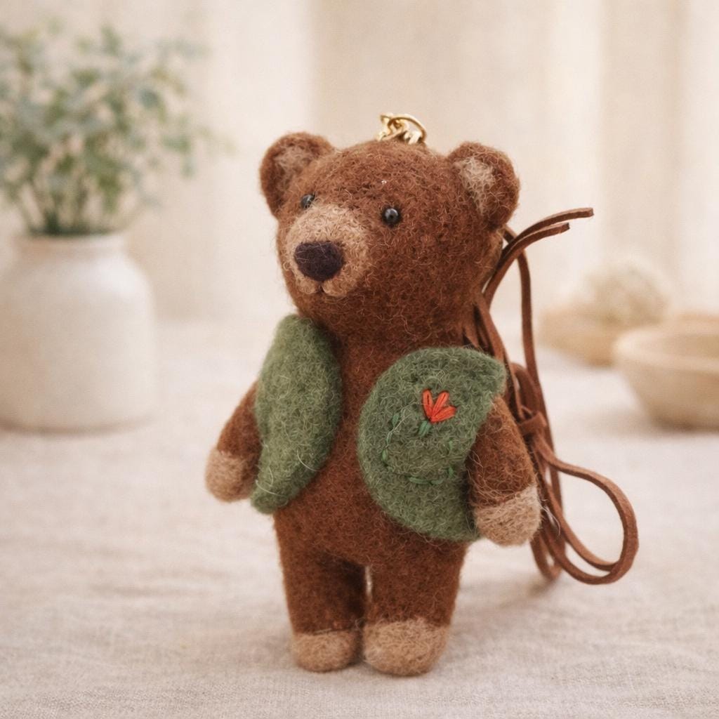 Handmade Felt Bear Keychain in Green Vest, Cute Wool Teddy Bag Charm, Needle Felt Animal Pendant, Handmade Gift, Car Hanging Bear Ornament
