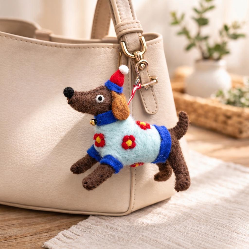 Handmade Felt Dog Keychain, Wool Felt Puppy Bag Charm, Cute Dog Ornament, Car Mirror Hanging, Handmade Gift for Dog Lovers, Soft Felt Animal
