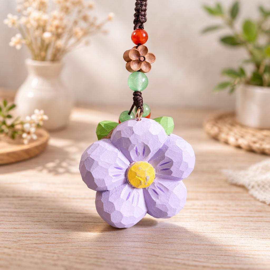 Hand Carved Peach Wood Plum Blossom Keychain, Lucky Wooden Flower Charm, Handmade Bag Pendant, Natural Wood Car Charm, Gift for Her