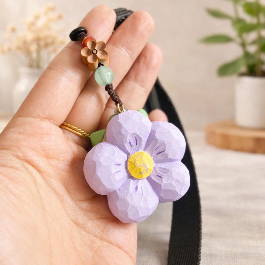 Hand Carved Peach Wood Plum Blossom Keychain, Lucky Wooden Flower Charm, Handmade Bag Pendant, Natural Wood Car Charm, Gift for Her