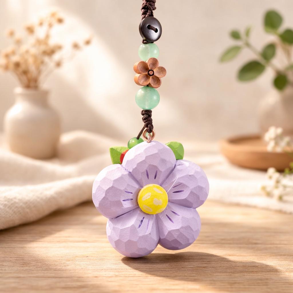 Hand Carved Peach Wood Plum Blossom Keychain, Lucky Wooden Flower Charm, Handmade Bag Pendant, Natural Wood Car Charm, Gift for Her