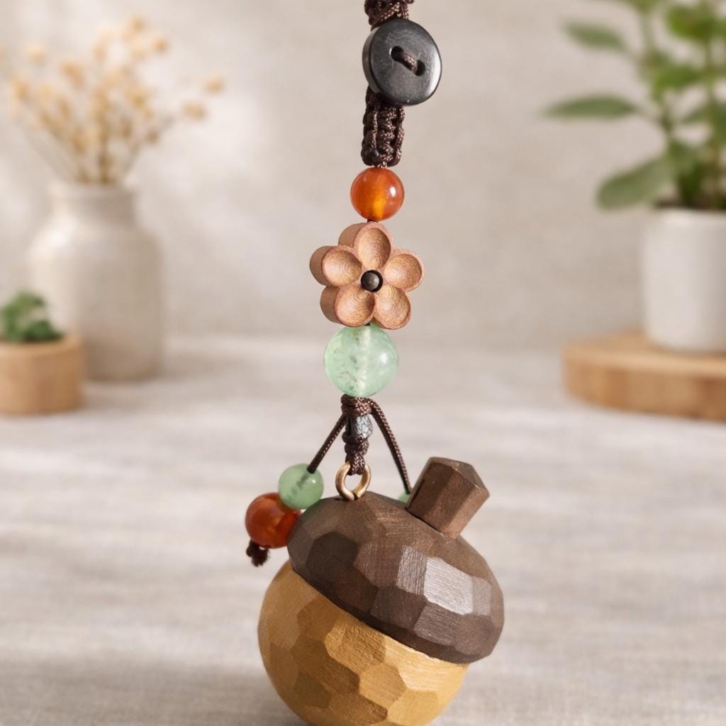 Hand Carved Wooden Acorn Keychain, Peach Wood Acorn Charm, Natural Wood Bag Pendant, Handmade Lucky Keychain, Cute Woodland Gift