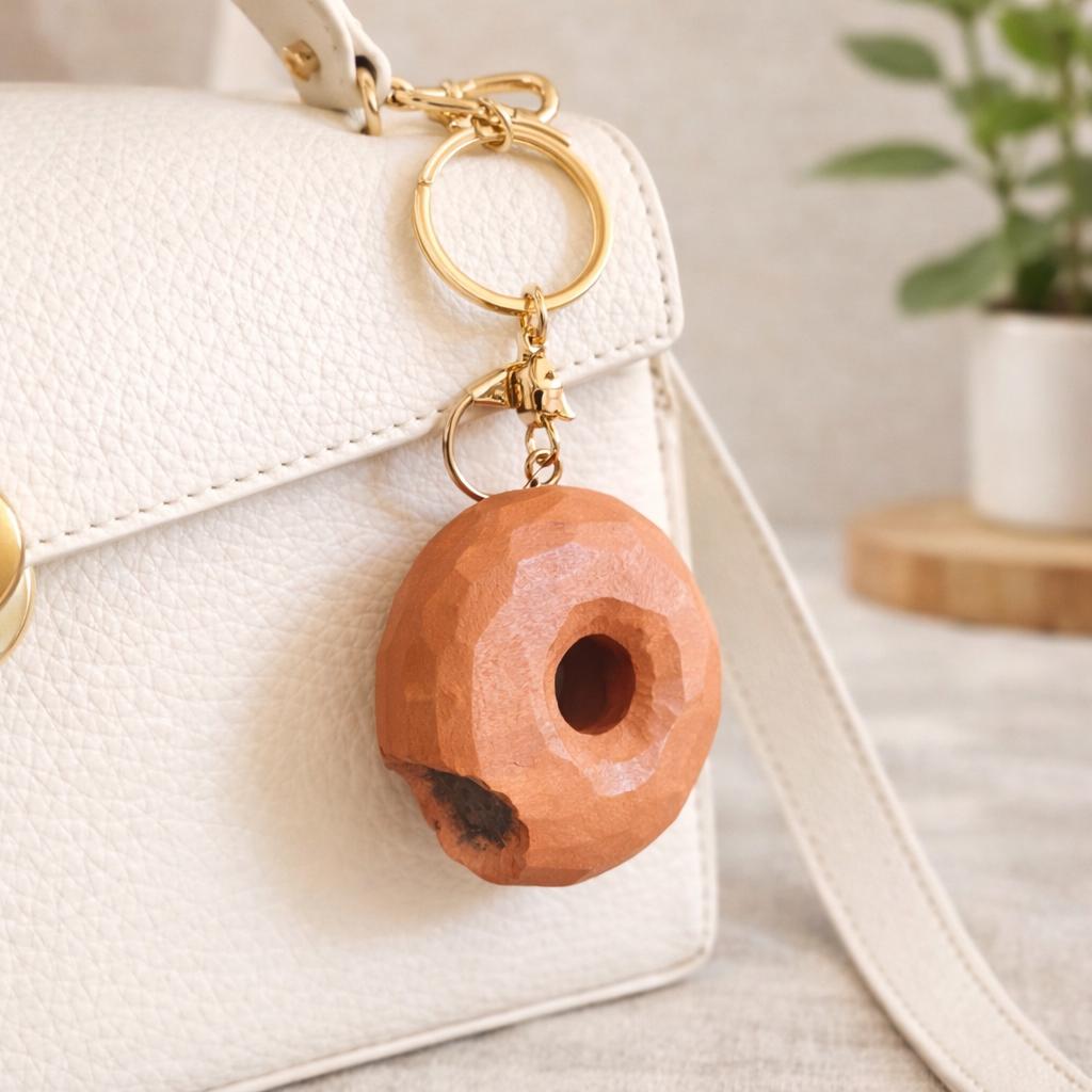 Hand Carved Wooden Donut Keychain, Funny Peach Wood Donut Charm, Cute Food Keychain, Handmade Bag Charm, Unique Gift