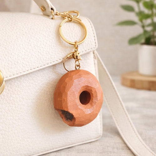 Hand Carved Wooden Donut Keychain, Funny Peach Wood Donut Charm, Cute Food Keychain, Handmade Bag Charm, Unique Gift