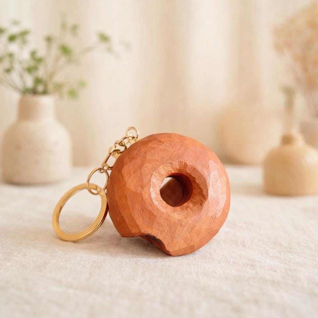 Hand Carved Wooden Donut Keychain, Funny Peach Wood Donut Charm, Cute Food Keychain, Handmade Bag Charm, Unique Gift