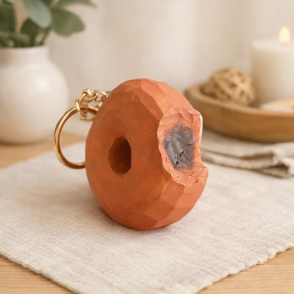 Hand Carved Wooden Donut Keychain, Funny Peach Wood Donut Charm, Cute Food Keychain, Handmade Bag Charm, Unique Gift