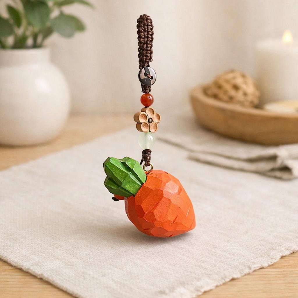Hand Carved Wooden Carrot Keychain, Cute Vegetable Bag Charm, Handmade Wood Keyring, Backpack Charm, Small Gift for Her, Car Mirror Hanging