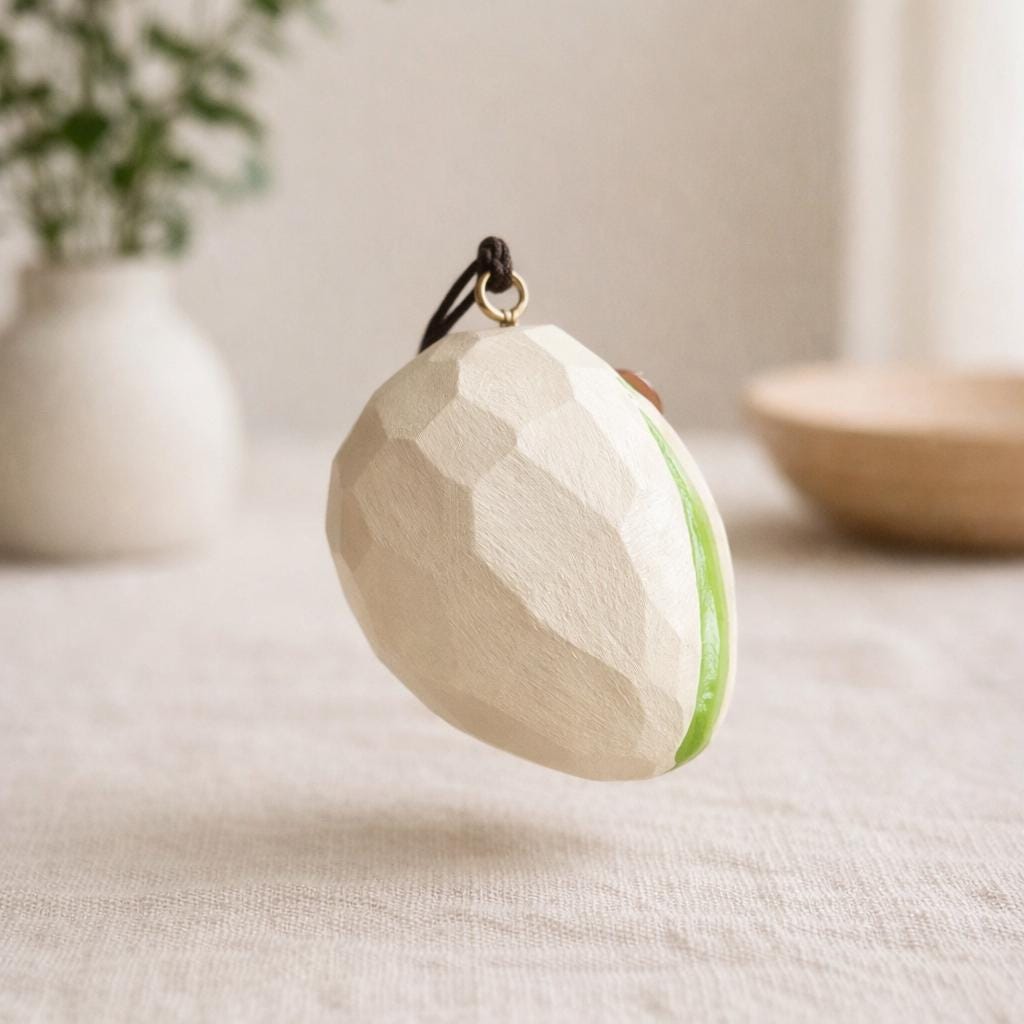 Japanese Style Hand Carved Wooden Pistachio Keychain, Cute Nut Bag Charm, Handmade Wood Key Ring, Wood Carving Charm, Small Wooden Gift