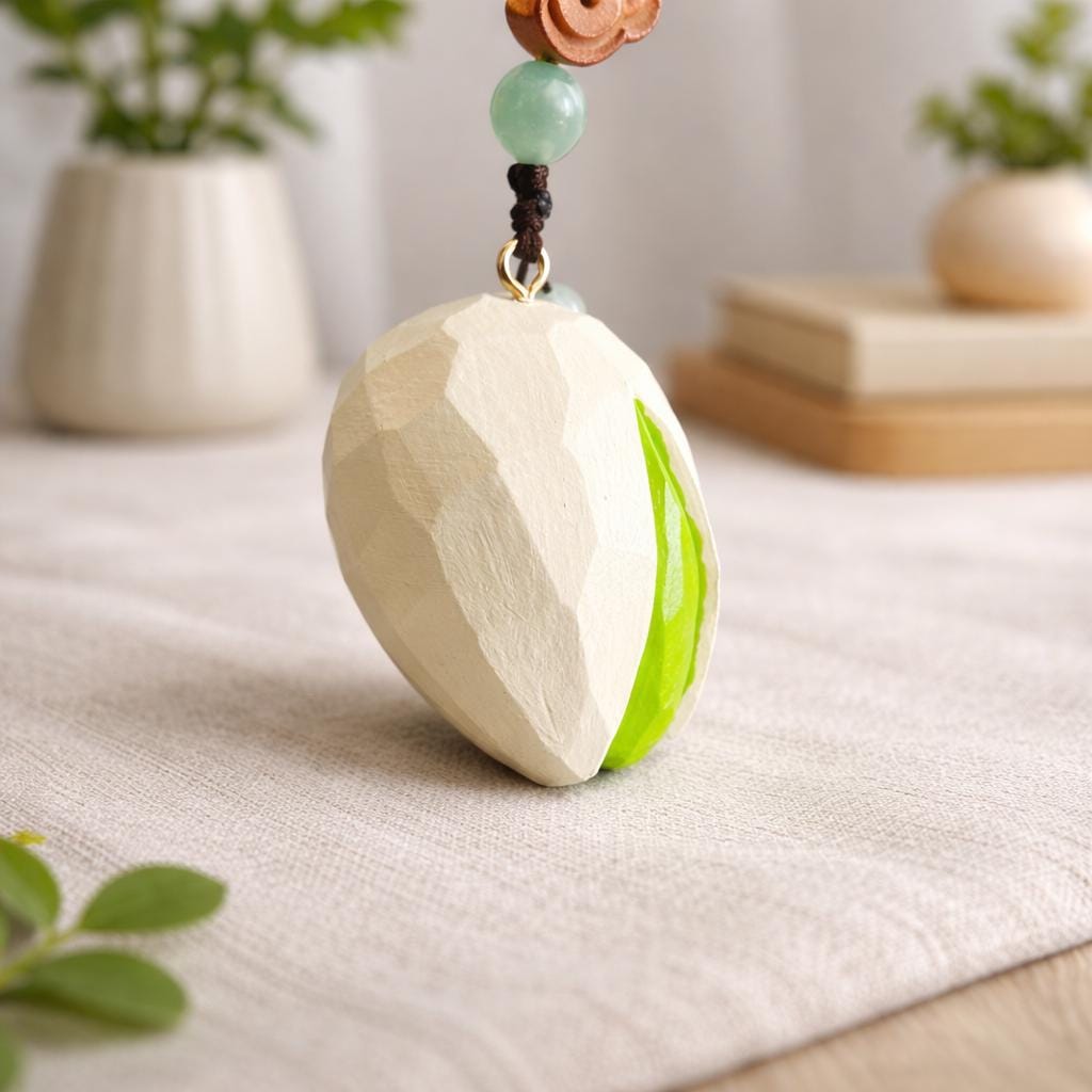 Japanese Style Hand Carved Wooden Pistachio Keychain, Cute Nut Bag Charm, Handmade Wood Key Ring, Wood Carving Charm, Small Wooden Gift