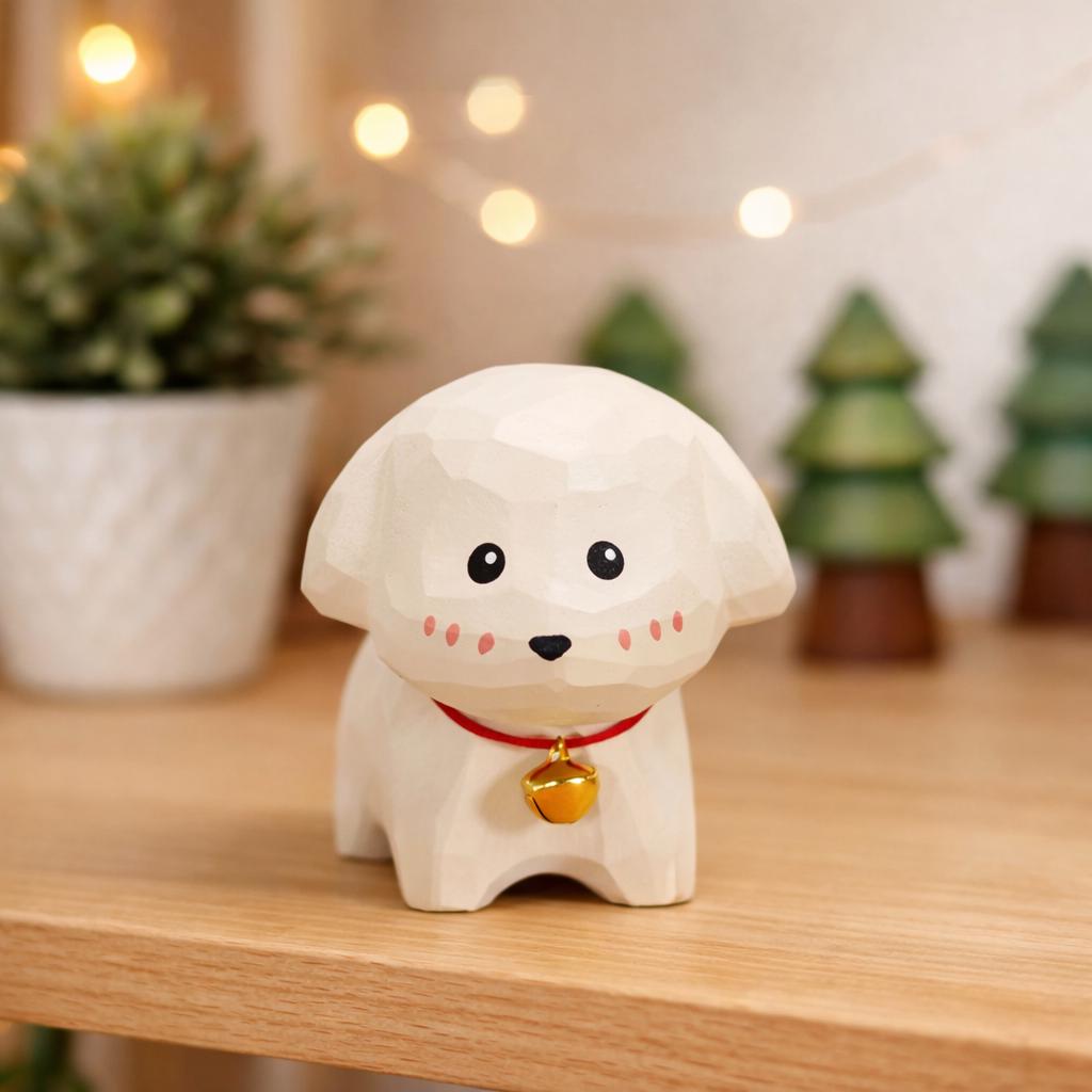 Hand Carved White Puppy Wooden Figurine, Mini White Dog Desk Decor, Small Solid Wood Dog Ornament, Cute Puppy Gift, Office Shelf Decoration