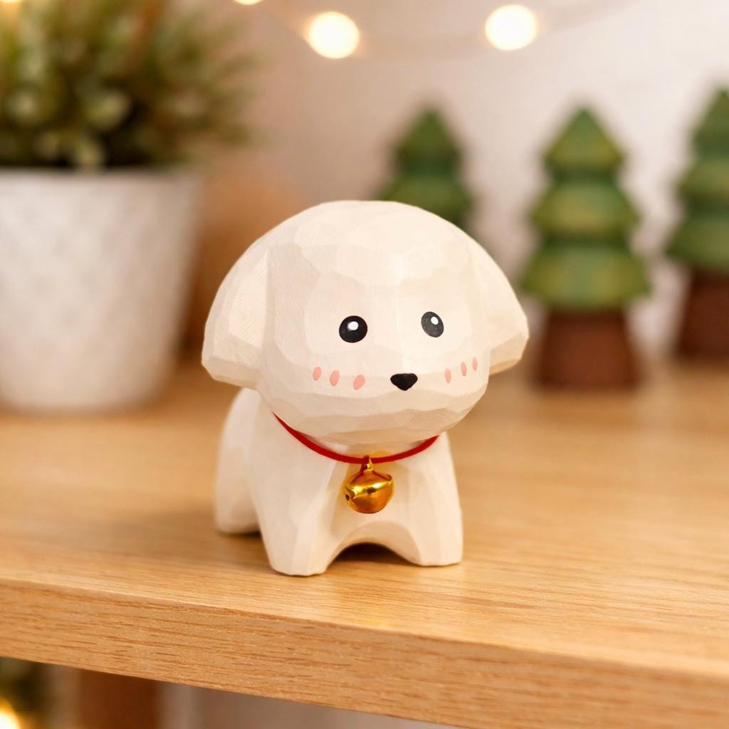 Hand Carved White Puppy Wooden Figurine, Mini White Dog Desk Decor, Small Solid Wood Dog Ornament, Cute Puppy Gift, Office Shelf Decoration