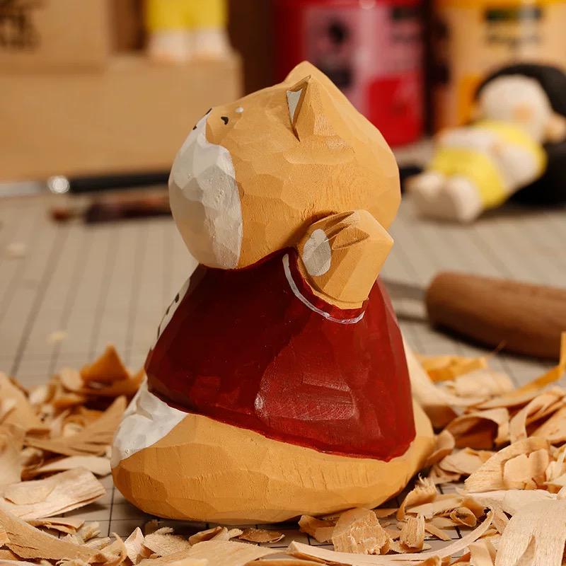 Hand Carved Shiba Inu Wooden Figurine, Lucky Dog Desk Decor, Cute Shiba Statue, Wood Puppy Ornament, Gift for Dog Lovers, Office Shelf Decor