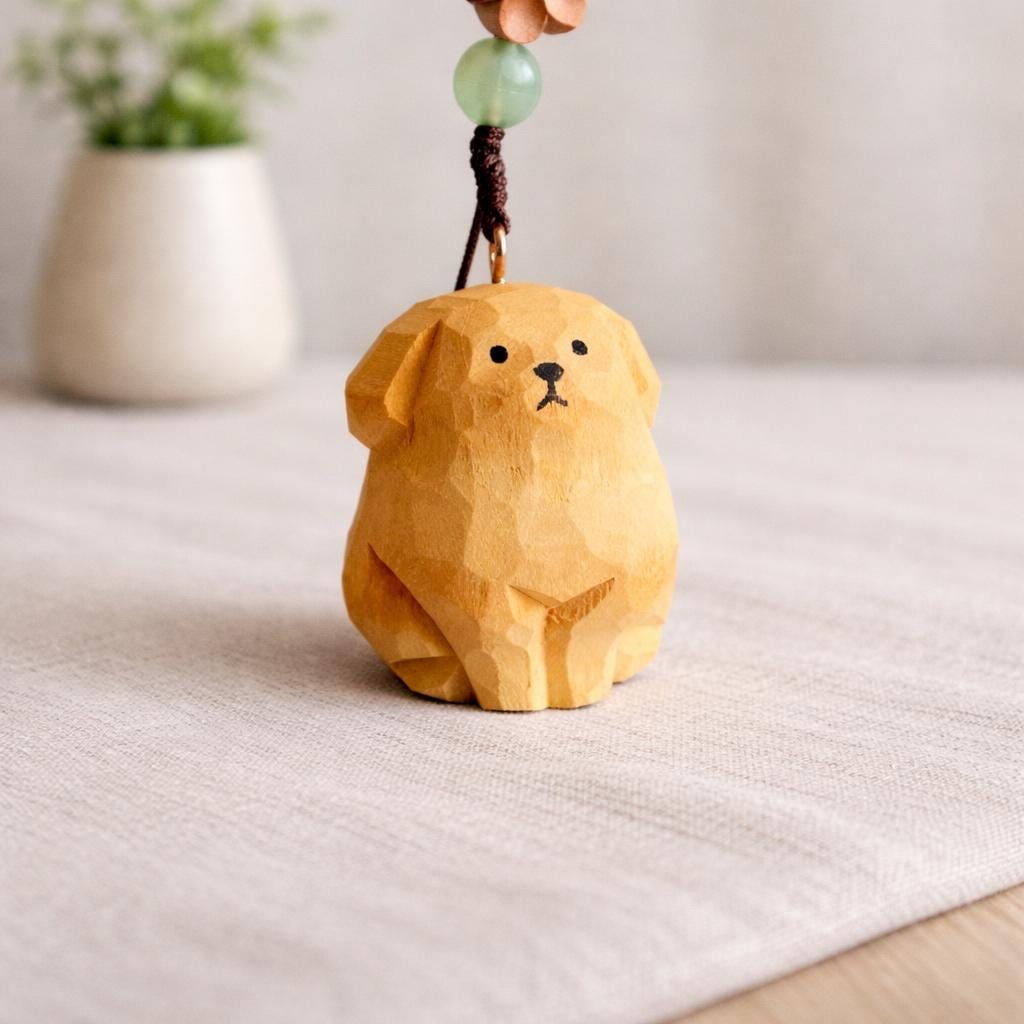 Japanese Hand Carved Wooden Golden Retriever Keychain, Cute Puppy Bag Charm, Handmade Wood Carving Key Ring, Dog Lover Gift, Car Keychain