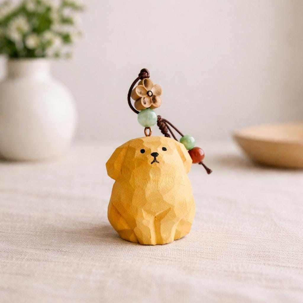 Japanese Hand Carved Wooden Golden Retriever Keychain, Cute Puppy Bag Charm, Handmade Wood Carving Key Ring, Dog Lover Gift, Car Keychain