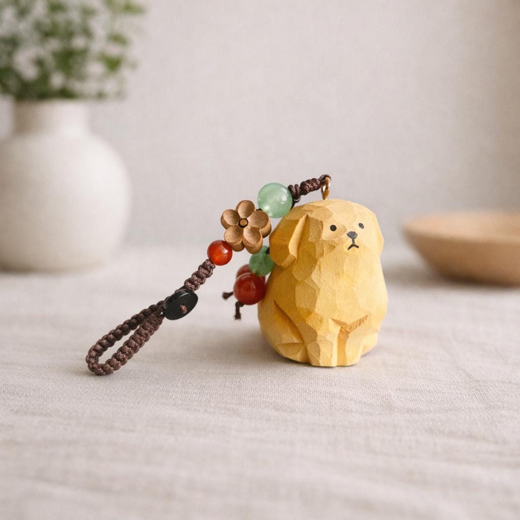 Japanese Hand Carved Wooden Golden Retriever Keychain, Cute Puppy Bag Charm, Handmade Wood Carving Key Ring, Dog Lover Gift, Car Keychain
