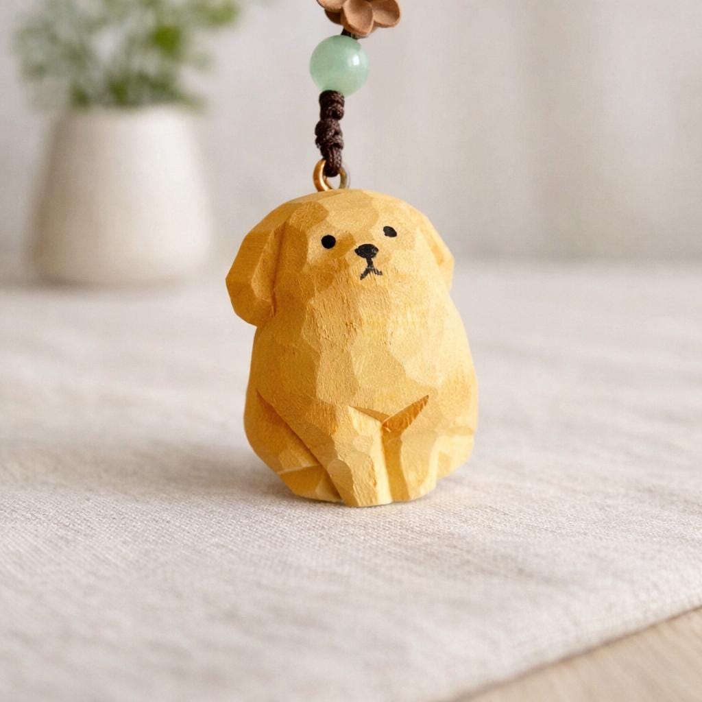 Japanese Hand Carved Wooden Golden Retriever Keychain, Cute Puppy Bag Charm, Handmade Wood Carving Key Ring, Dog Lover Gift, Car Keychain