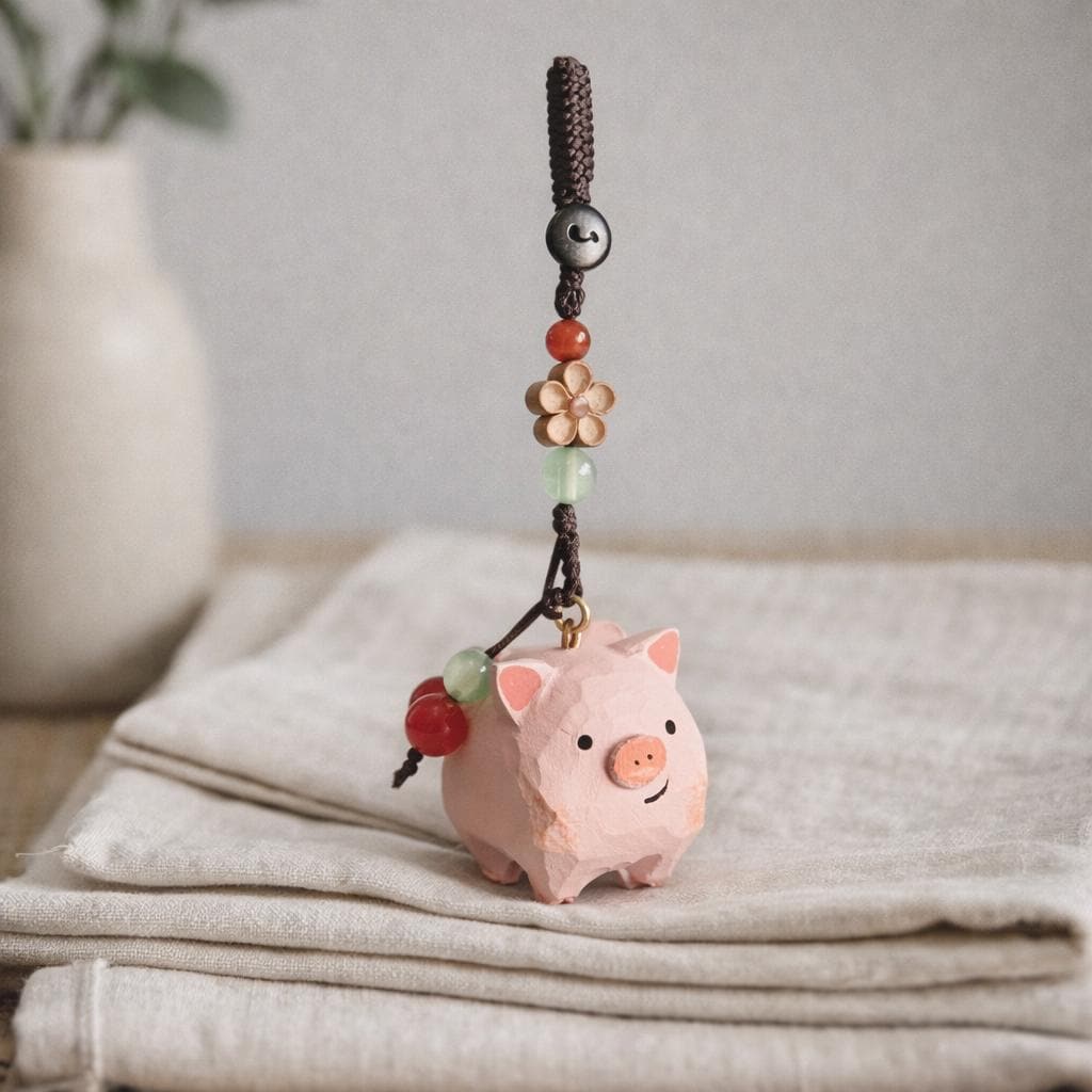 Japanese Style Hand Carved Pig Keychain, Cute Wooden Pig Bag Charm, Handmade Pig Pendant, Phone Chain Charm, Backpack Charm, Pig Lover Gift