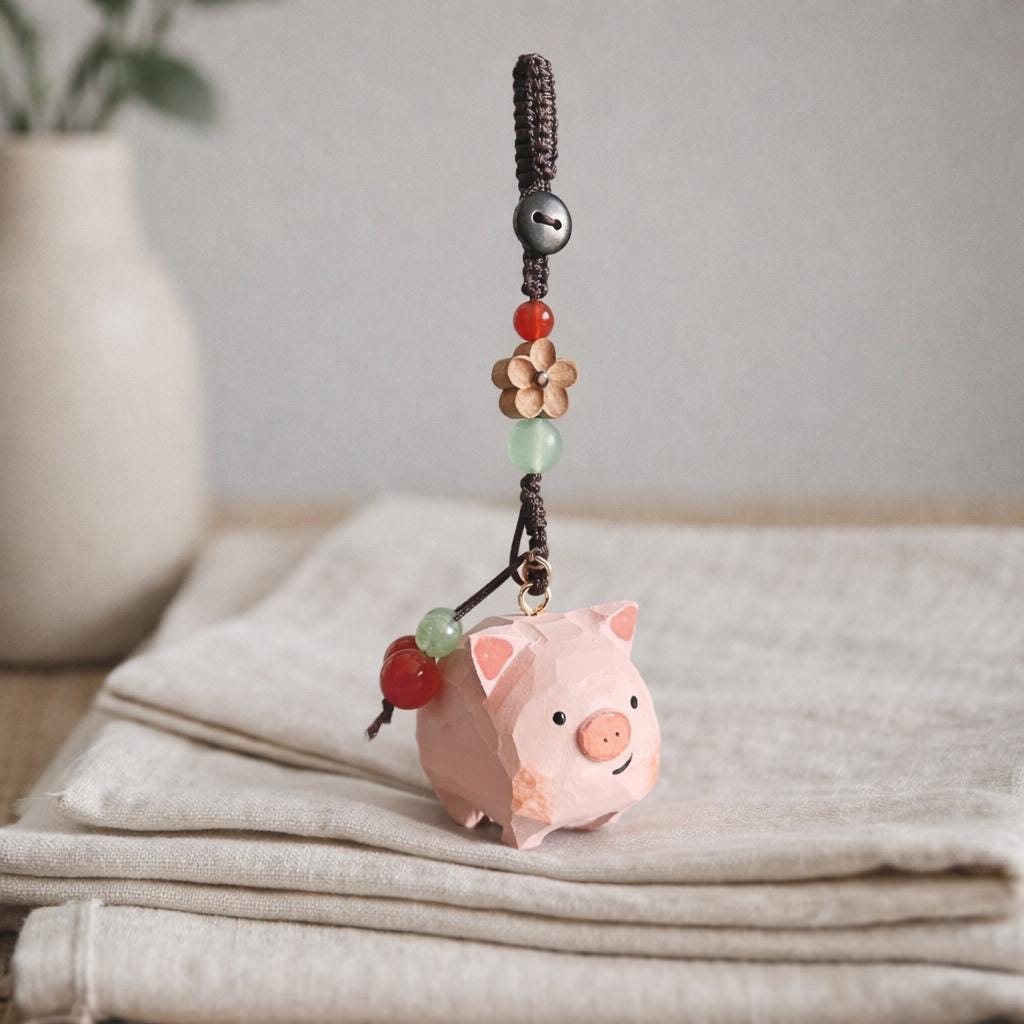Japanese Style Hand Carved Pig Keychain, Cute Wooden Pig Bag Charm, Handmade Pig Pendant, Phone Chain Charm, Backpack Charm, Pig Lover Gift