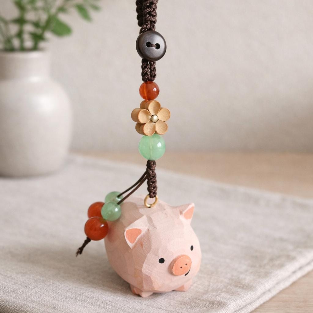Japanese Style Hand Carved Pig Keychain, Cute Wooden Pig Bag Charm, Handmade Pig Pendant, Phone Chain Charm, Backpack Charm, Pig Lover Gift