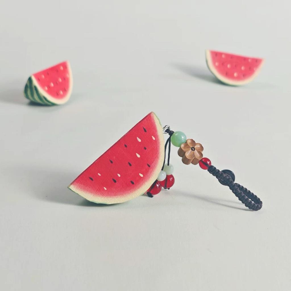Hand Carved Wooden Watermelon Keychain, Cute Fruit Bag Charm, Summer Watermelon Keyring, Mini Wood Fruit Pendant, Handmade Gift for Her