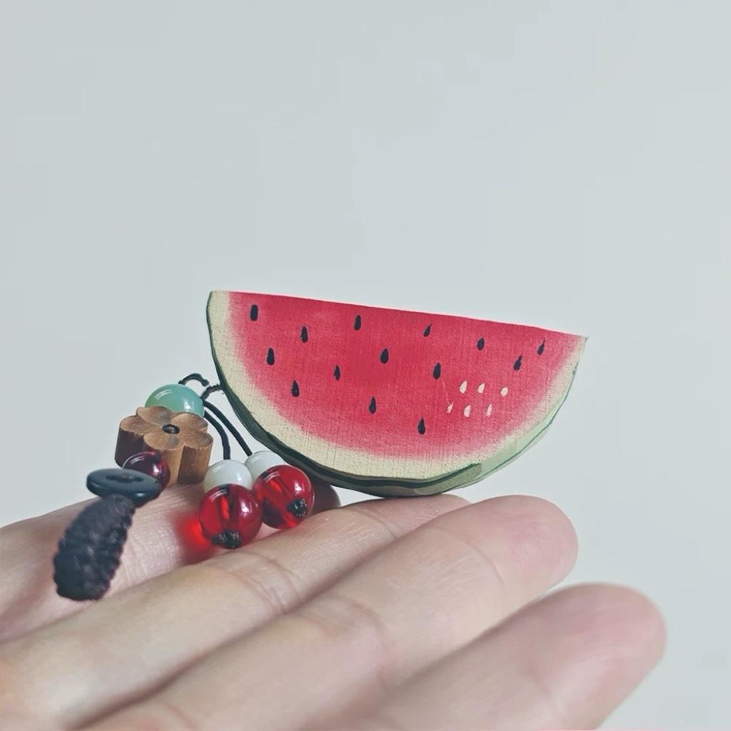 Hand Carved Wooden Watermelon Keychain, Cute Fruit Bag Charm, Summer Watermelon Keyring, Mini Wood Fruit Pendant, Handmade Gift for Her