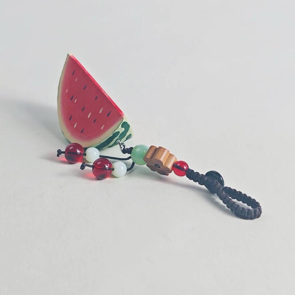 Hand Carved Wooden Watermelon Keychain, Cute Fruit Bag Charm, Summer Watermelon Keyring, Mini Wood Fruit Pendant, Handmade Gift for Her