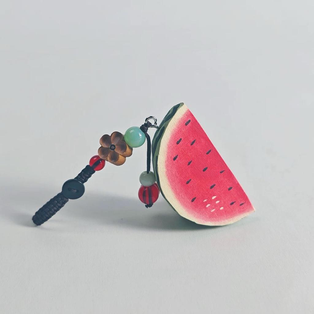 Hand Carved Wooden Watermelon Keychain, Cute Fruit Bag Charm, Summer Watermelon Keyring, Mini Wood Fruit Pendant, Handmade Gift for Her