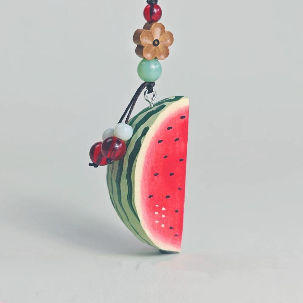 Hand Carved Wooden Watermelon Keychain, Cute Fruit Bag Charm, Summer Watermelon Keyring, Mini Wood Fruit Pendant, Handmade Gift for Her