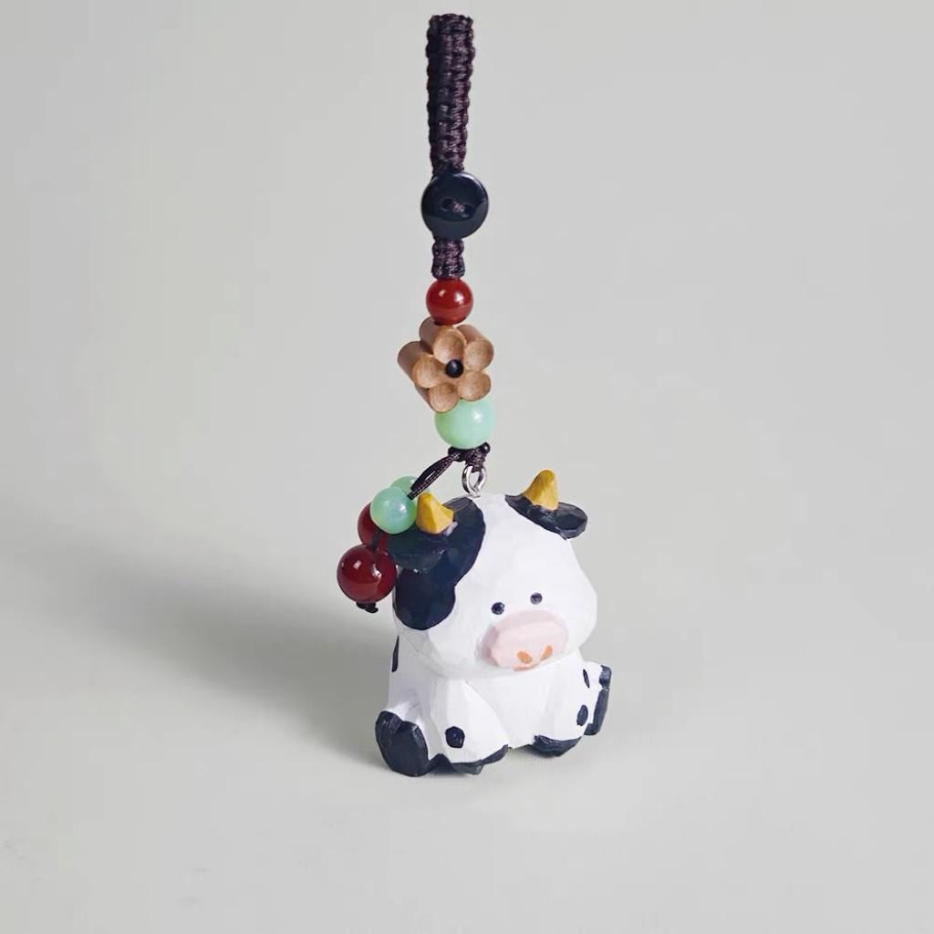Hand Carved Wooden Cow Keychain, Cute Cow Bag Charm, Mini Farm Animal Keyring, Wooden Cow Pendant, Handmade Gift for Animal Lovers