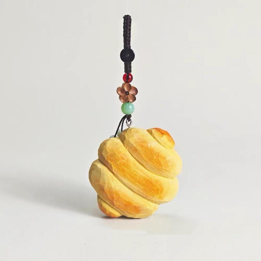 Hand Carved Bread Keychain, Wooden Croissant Charm Cute Food Keyring, Handmade Bag Charm, Car Key Holder Gift for Food Lovers