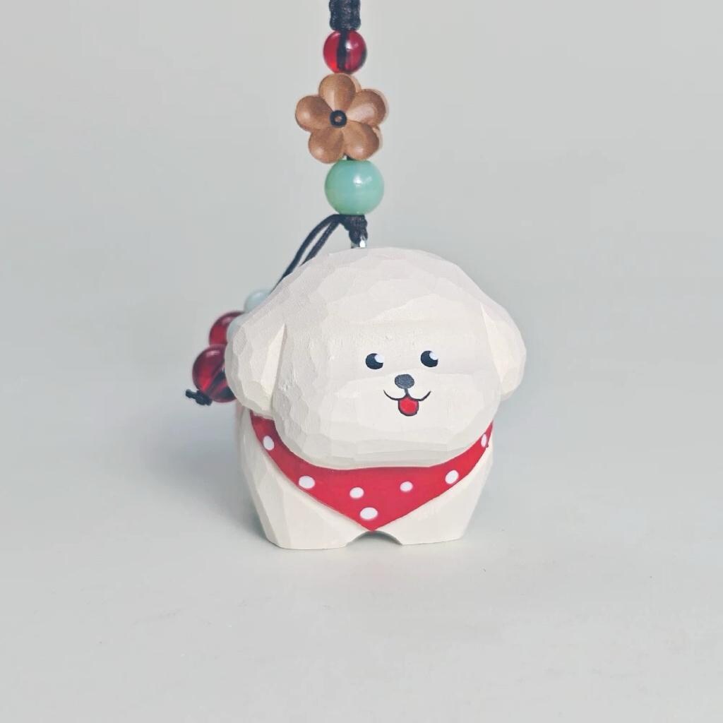 Hand Carved White Dog Keychain, Wooden Puppy Charm, Cute Dog Keyring, Handmade Bag Charm, Car Key Holder, Gift for Dog Lovers