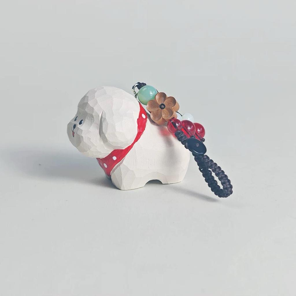 Hand Carved White Dog Keychain, Wooden Puppy Charm, Cute Dog Keyring, Handmade Bag Charm, Car Key Holder, Gift for Dog Lovers