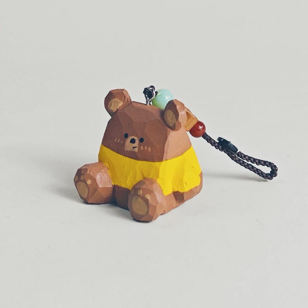 Hand Carved Wooden Bear Keychain, Cute Bear Bag Charm, Ornament, Wooden Animal Key Ring, Backpack Accessory, Handmade Gift for Animal Lovers