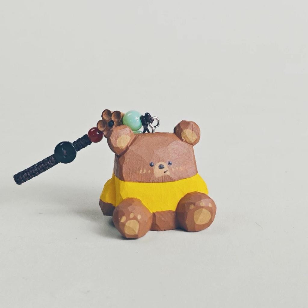 Hand Carved Wooden Bear Keychain, Cute Bear Bag Charm, Ornament, Wooden Animal Key Ring, Backpack Accessory, Handmade Gift for Animal Lovers