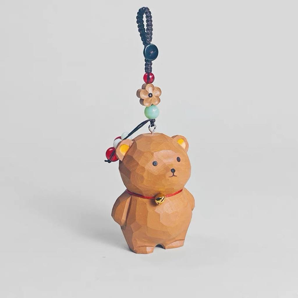 Hand Carved Wooden Bear Keychain, Unique Animal Charm, Miniature Wood Bear Pendant, Cute Backpack Charm, Car Key Accessory, Gift for Friends