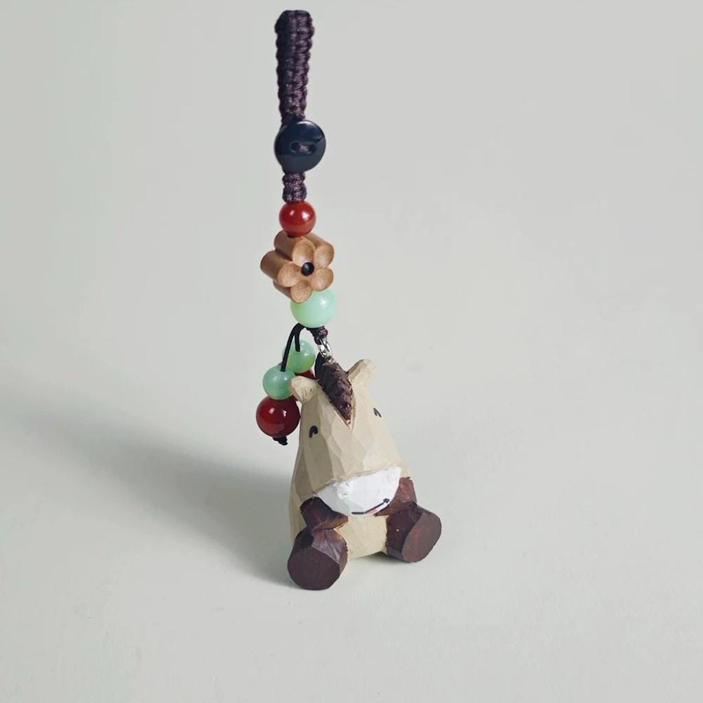 Hand Carved Wooden Horse Keychain, Handmade Animal Charm, Miniature Wood Horse Pendant, Japanese Bag Charm, Car Key Accessory, Gift for Her