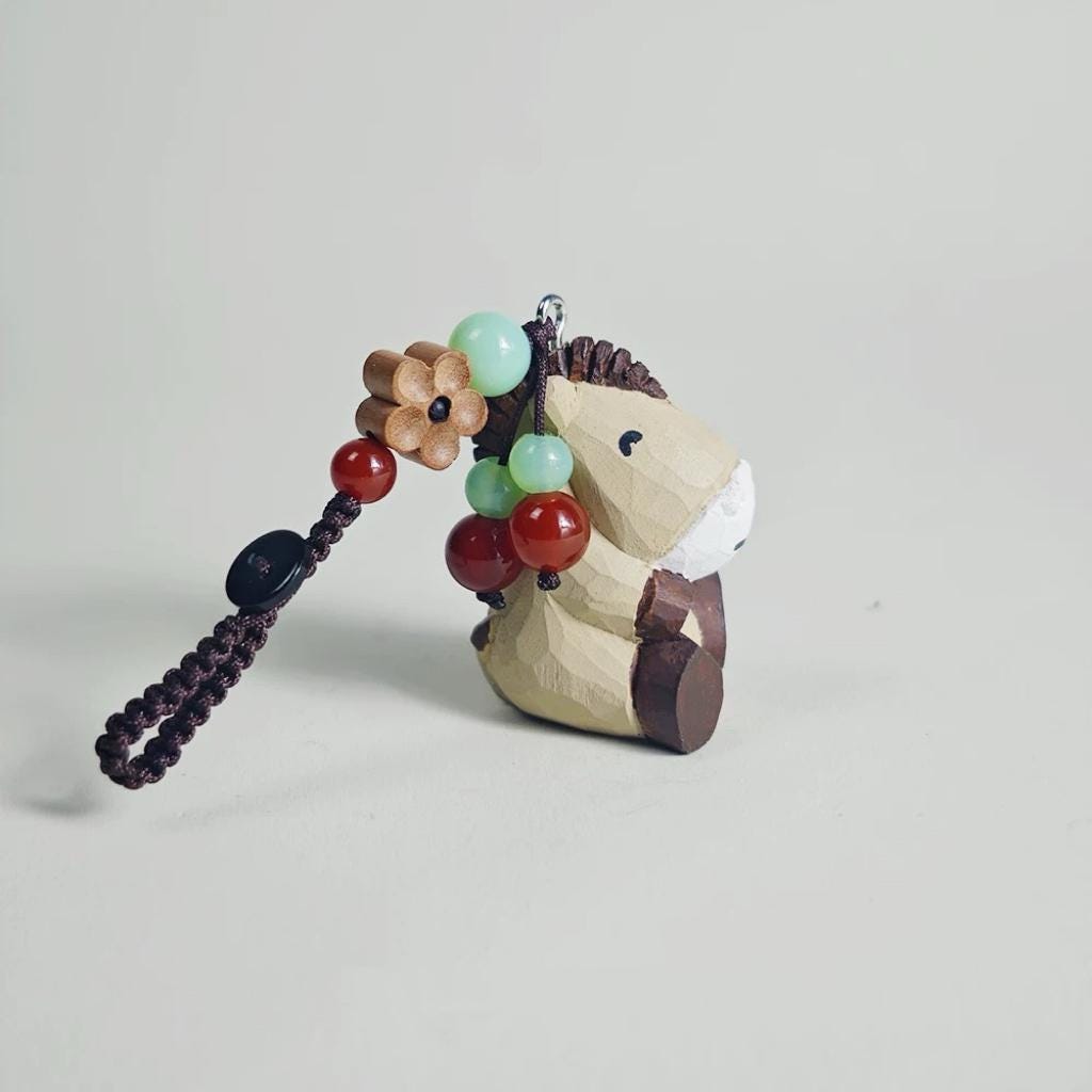 Hand Carved Wooden Horse Keychain, Handmade Animal Charm, Miniature Wood Horse Pendant, Japanese Bag Charm, Car Key Accessory, Gift for Her
