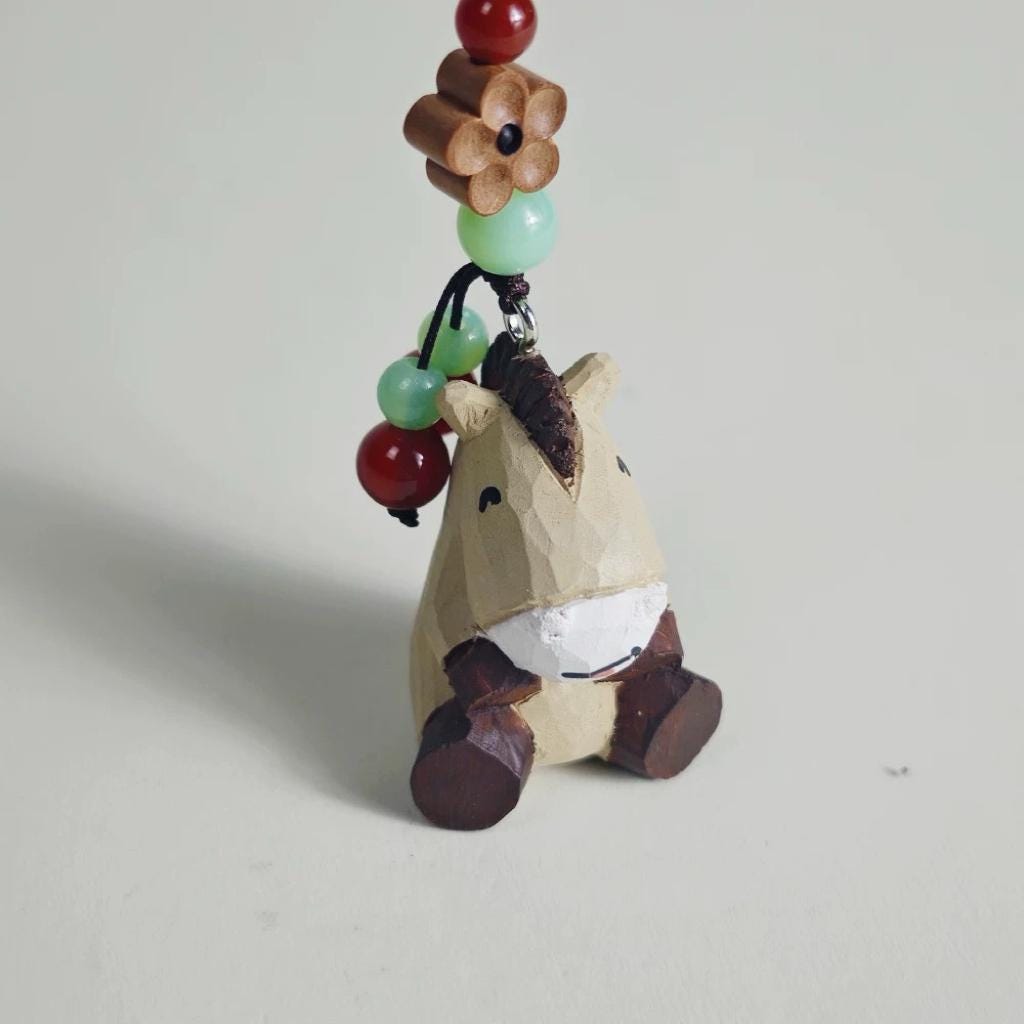 Hand Carved Wooden Horse Keychain, Handmade Animal Charm, Miniature Wood Horse Pendant, Japanese Bag Charm, Car Key Accessory, Gift for Her