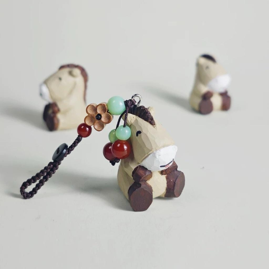 Hand Carved Wooden Horse Keychain, Handmade Animal Charm, Miniature Wood Horse Pendant, Japanese Bag Charm, Car Key Accessory, Gift for Her