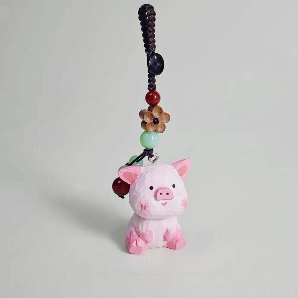 Handmade Wooden Pig Keychain, Japanese Style Miniature Lucky Charm, Cute Pig Pendant, Handcrafted Wood Bag Charm, Animal Keyring, Lucky Gift