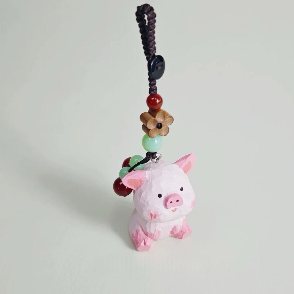 Handmade Wooden Pig Keychain, Japanese Style Miniature Lucky Charm, Cute Pig Pendant, Handcrafted Wood Bag Charm, Animal Keyring, Lucky Gift