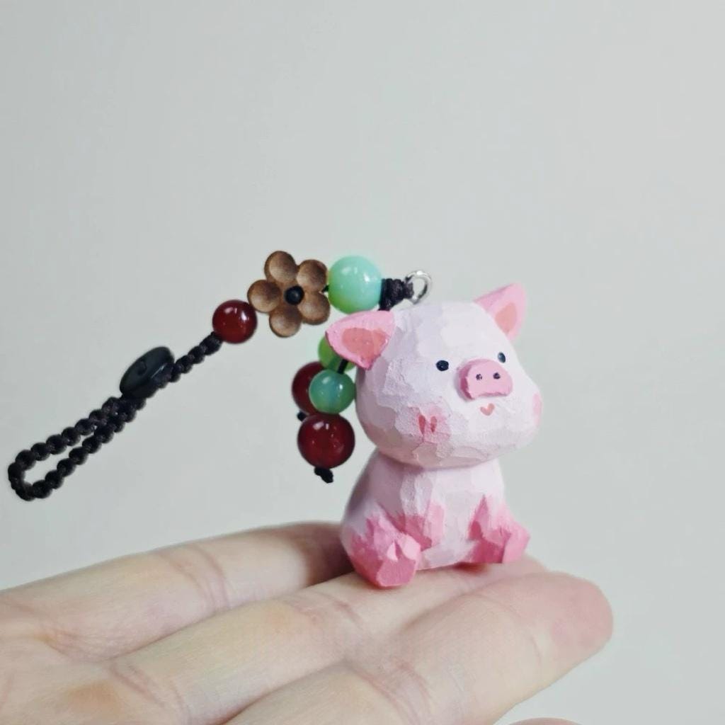 Handmade Wooden Pig Keychain, Japanese Style Miniature Lucky Charm, Cute Pig Pendant, Handcrafted Wood Bag Charm, Animal Keyring, Lucky Gift