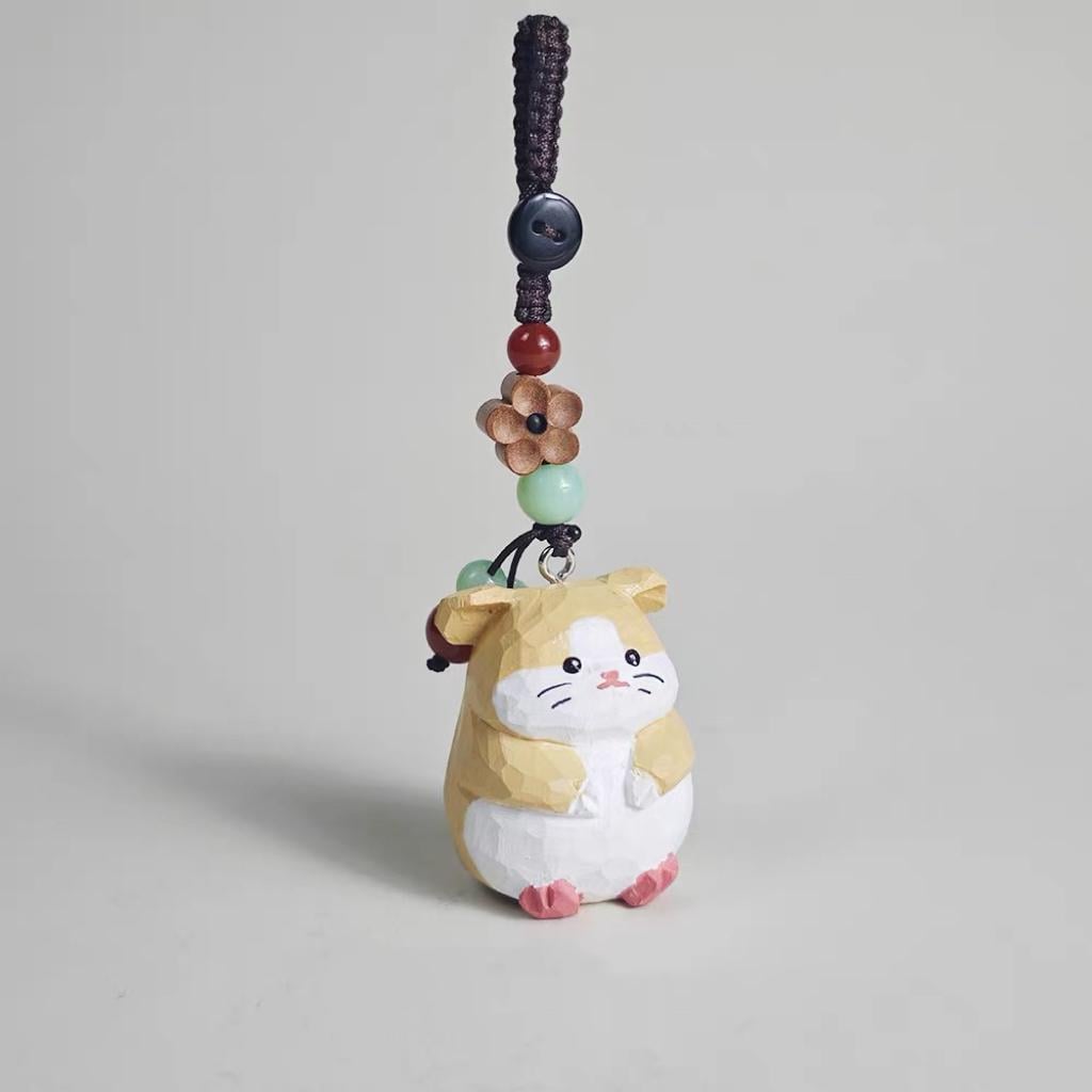 Handmade Wooden Hamster Keychain, Japanese Style Miniature Lucky Hamster Charm, Cute Animal Wood Pendant, Handcrafted Bag Charm, Lucky Gift
